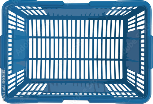 Top view blue plastic shopping basket illustration with ventilation slots empty supermarket grocery container retail market storage vector