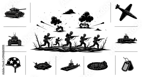 Military combat scene with soldiers tanks and aircraft.