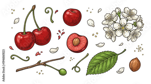 Colored vintage engraving style set of cherry berries, whole and halved with pit, cherry blossoms, green leaf, and branch isolated on white background.