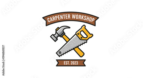 Saw and hammer carpentry tools crossed.