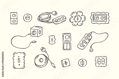 Hand drawn electrical outlets, plugs and extension cords doodle icon set