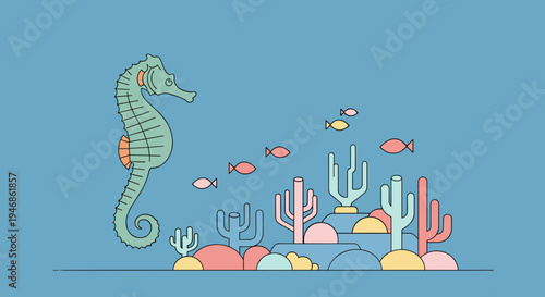 Seahorse swimming with small fish underwater.