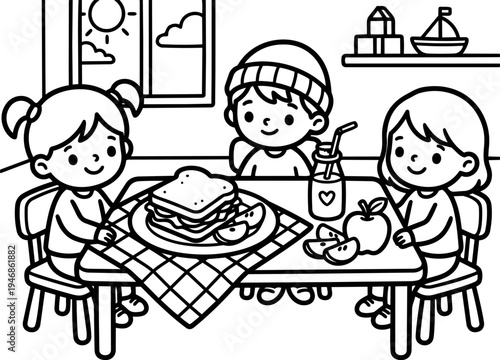 Black and white line art children sitting at table eating sandwich and apple drinking juice with window and toys in background