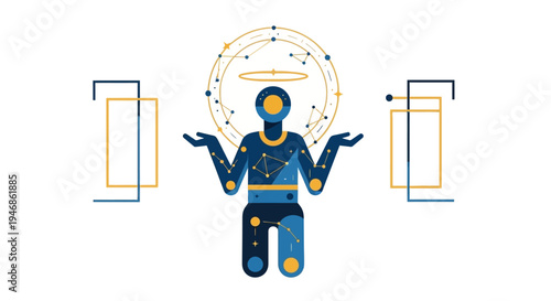 Cosmic Being with Celestial Halo and Geometric Shapes