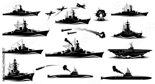 Collection of Silhouette Warships and Airplanes in Action.