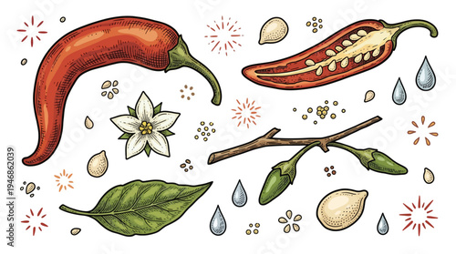 Colored vintage engraving style set of chili pepper, whole and half with seeds, pepper flower, green leaf, and branch isolated on white background.