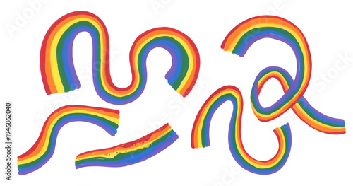 Rainbow pride wavy stripe illustration, colorful curved arc flag symbol, pride month parade event decor background.