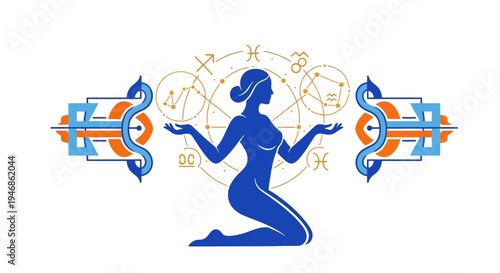 Virgo Zodiac Sign Astrology Symbol Woman Silhouette with Constellations and Orbs