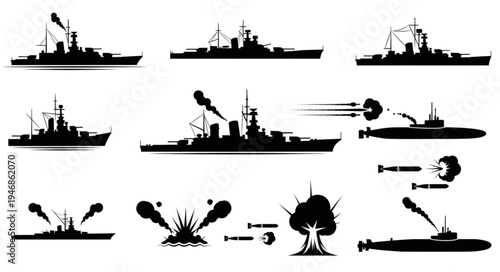 Collection of silhouette icons representing naval warfare and military actions.