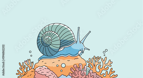 Snail on coral reef underwater scene.