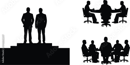 Business meeting silhouettes set, corporate leaders discussion teamwork concept, managers decision making conference, professional office collaboration, black white vector illustration