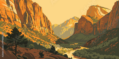 USA, US, U.S, United States - Zion National Park towering sandstone canyon sunrise panorama golden light cliffs 
