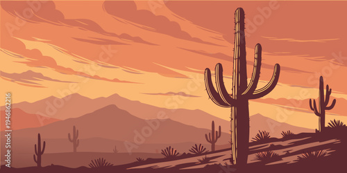 USA, US, U.S, United States - Saguaro National Park giant cactus desert sunset panorama glowing southwestern sky

