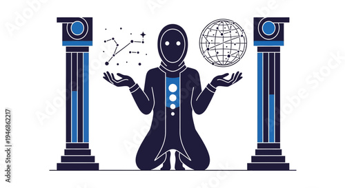 Mysterious figure between pillars holds celestial globe and constellations