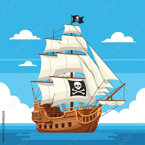 Cartoon Pirate Ship Sailing on Blue Ocean