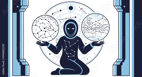Mysterious Figure Holds Celestial Orbs with Constellations and Stars