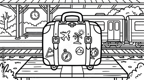 Black and white line art of luggage with travel stickers on train station platform and train in background