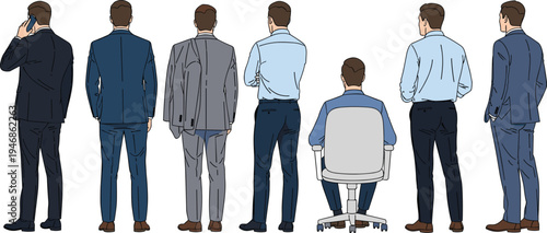 Business men back view collection illustration, corporate professionals standing and sitting office worker vector set