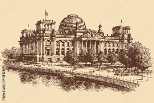 Reichstag building, Germany illustration in a vintage style. This vector illustration can be used in any size you like for advertising, logos, and other work.
