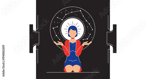 Woman Meditating Under Zodiac Constellations Circle