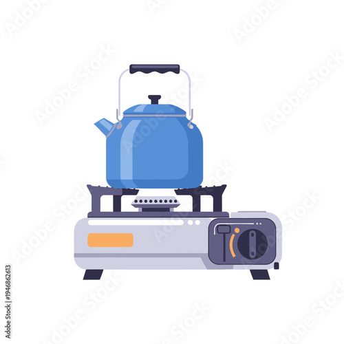 Portable camping stove with a blue kettle boiling on top, perfect for outdoor cooking and heating water