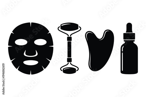 Beauty skincare routine icons: face mask, roller, gua sha, serum