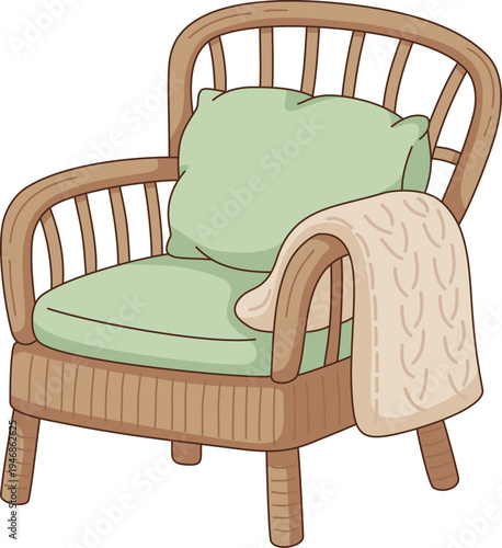 Minimalist Rattan Armchair with Green Cushion and Knitted Blanket Illustration, Cozy Wicker Chair for Home Interior Decor 