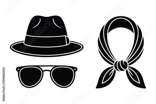Classic detective icon set: fedora hat, sunglasses, bandana