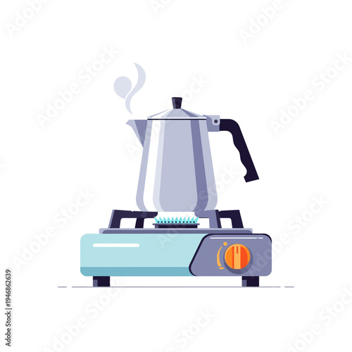 Classic Italian Moka Pot brewing aromatic coffee on a vintage portable gas stove, steam rising from the percolator