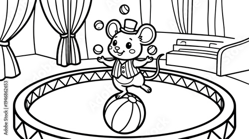 Cute cartoon mouse juggling balls standing on colorful striped circus ball in circus ring with curtains and props vector art