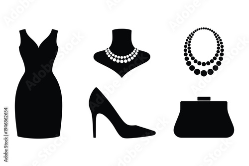 Elegant evening wear icon set: dress, necklace, heels, clutch