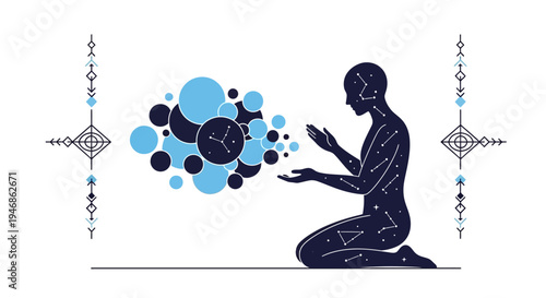 Spiritual Connection, Man Kneeling, Cosmic Energy, Celestial Symbols, Abstract Bubbles