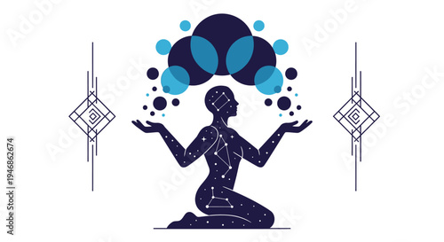 Woman silhouette with stars, cosmic energy, abstract circles, spiritual balance