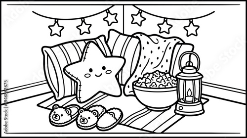 Cute smiling star pillow with popcorn bowl soft blanket and bear slippers under hanging stars garland cozy indoor scene cartoon vector art