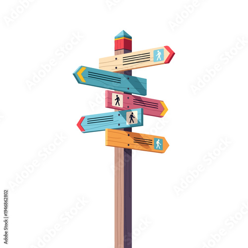 Vibrant wooden signpost with multiple colorful arrow-shaped indicators, offering clear directional guidance for hikers exploring various paths and making important journey choices in nature