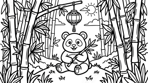 Black and white line art panda sitting holding bamboo stick in dense bamboo forest under hanging lantern with sun and clouds