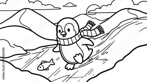 Cute cartoon penguin wearing striped scarf sliding down icy river in winter mountain landscape with small fish swimming below