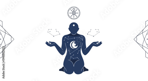 Celestial Human Figure Meditating with Cosmic Symbols and Constellations
