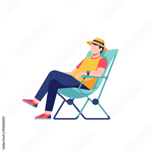 A man in a sun hat relaxes in a folding chair, enjoying a moment of leisure and tranquility