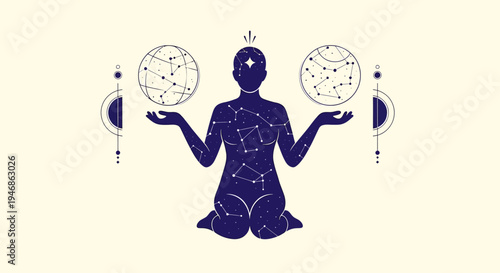 Cosmic Woman Holding Constellations, Astrology, Spiritual Balance