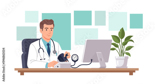 Doctor checking blood pressure with sphygmomanometer at desk with computer and plant