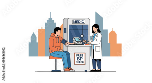 Doctor checking patient's blood pressure at free health kiosk in city