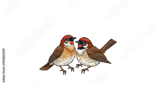 Two small birds with red heads.
