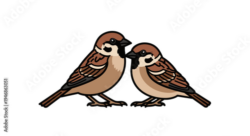 Two small brown birds facing each other.