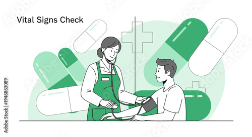 Doctor checking patient's vital signs: blood pressure, heart rate, health checkup