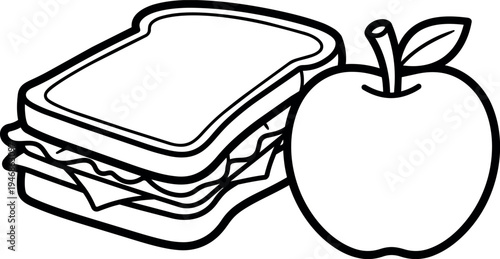Black and white flat design sandwich with lettuce and cheese accompanied by whole apple with leaf vector art