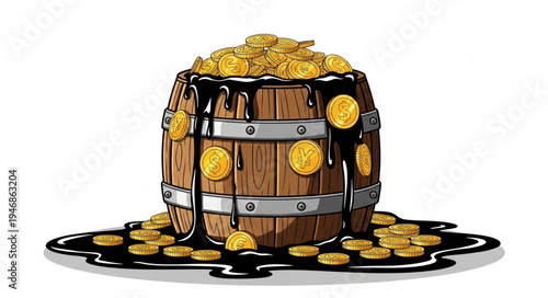 Golden coins in wooden barrel.