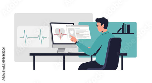 Doctor analyzing medical data on computer screen, cardiology concept