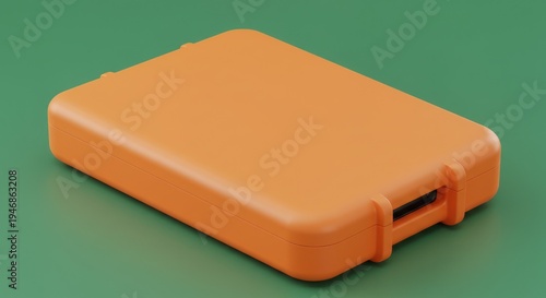 Orange protective case on green background, a rugged enclosure for storage or transport of