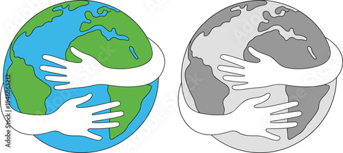 Hands hugging Earth globe vector illustration for environment protection, saving planet and global love concept